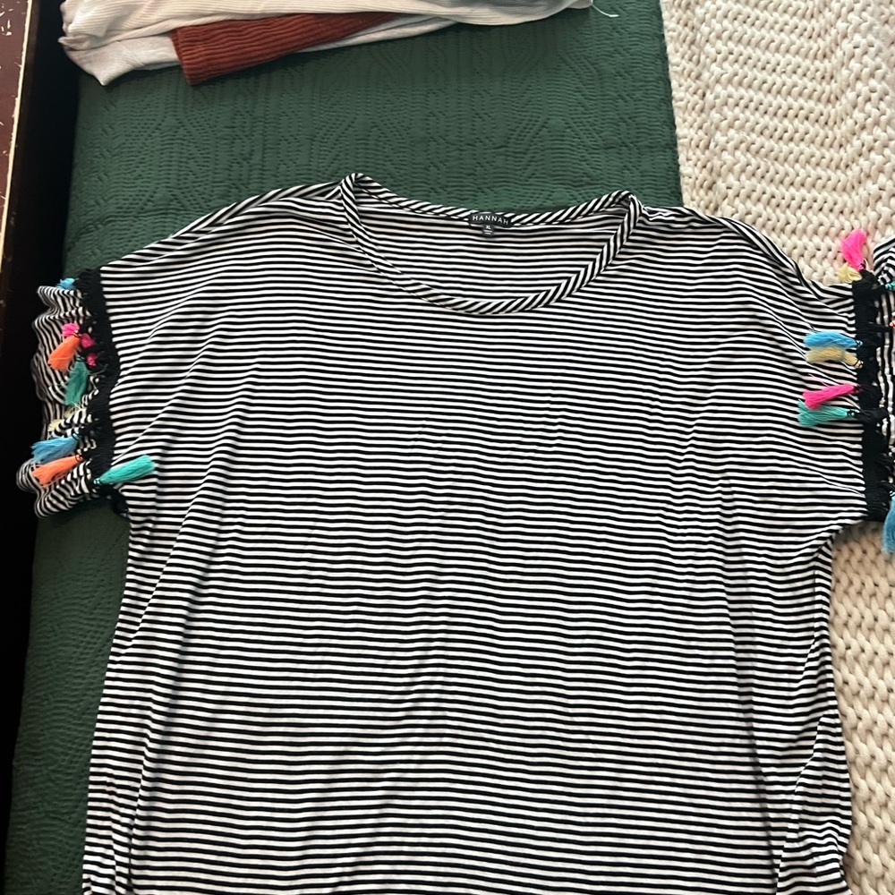 Hannah Black and White Striped Tee with Colorful Tassels